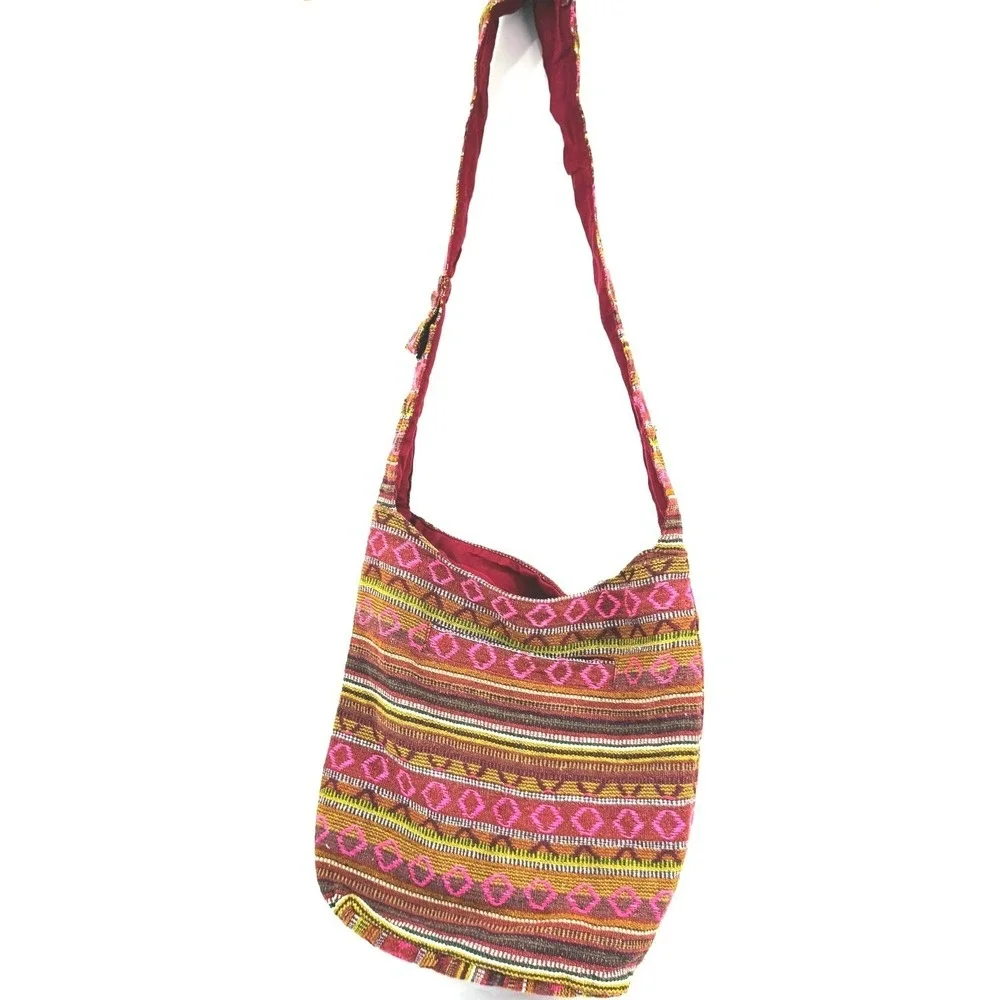 Boho Woven Crossbody Hobo Shoulder Bag Striped Multicolor Zip Pockets Hippie